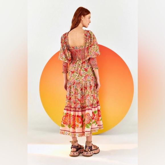 FARM RIO ANTHROPOLOGIE PINK MACAW FLIGHT SMOCKED MIDI DRESS - Picture 5 of 13